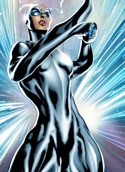 Image similar to A full portrait photo of silver surfer marvel, f/22, 35mm, 2700K, lighting, perfect faces, award winning photography.