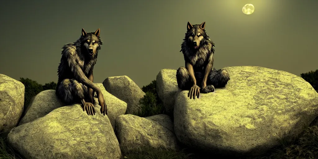 Image similar to A werewolf sitting on a rock, woodland creek, realistic, yellowish full moon