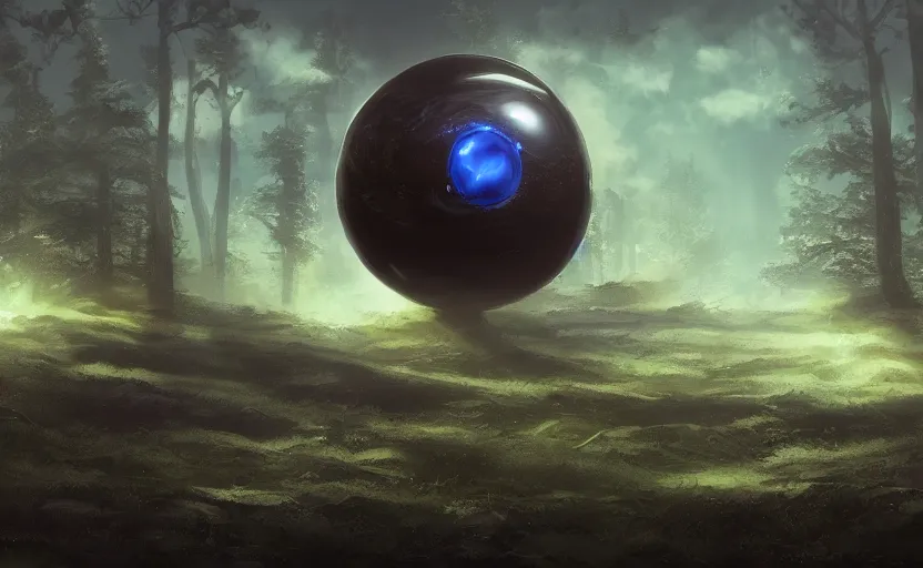 Image similar to digital sci-fi painting of a gigantic black sphere floating over the forest, concept art, beautiful lighting, blue sky with clouds, 4k trending on artstation