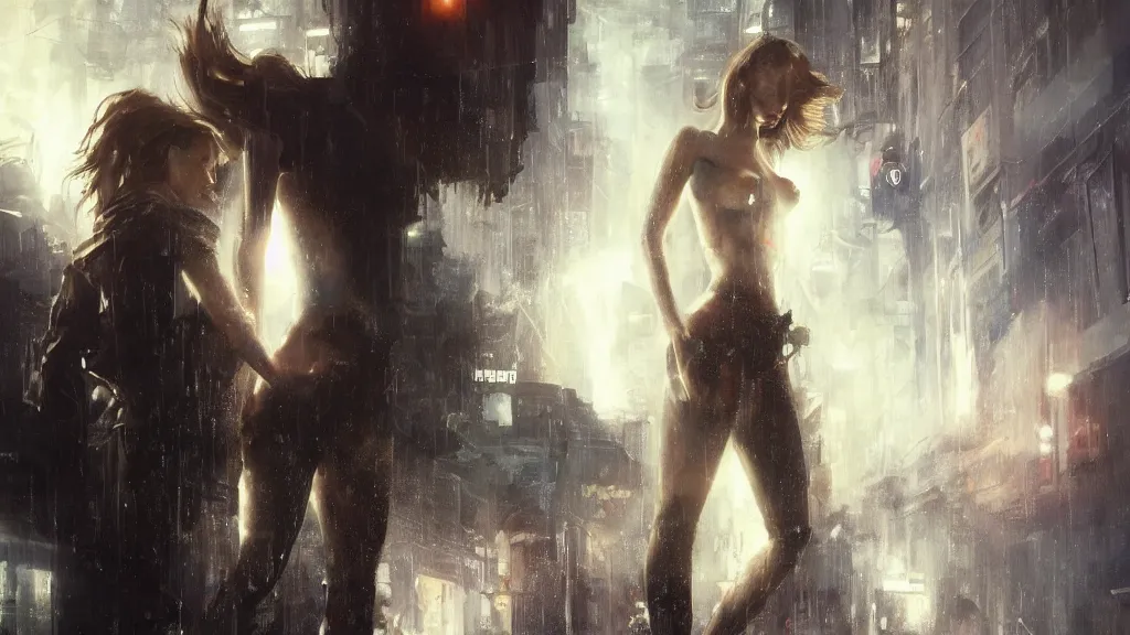 Image similar to bella thorne and megan fox, hyperrealistic full figure, bladerunner street, art of elysium by jeremy mann and frank frazetta, fantasy art, photo realistic, dynamic lighting, artstation, full figure poster, volumetric lighting, very detailed face, 4 k, award winning