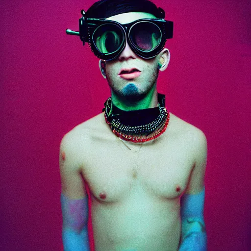 Prompt: kodak ektar 1 0 0 photograph of a nerdy goth guy with lip piercings wearing goggles and eclectic jewelry, moody lighting, telephoto, 9 0 s vibe, rave background, vaporwave colors, faded!,