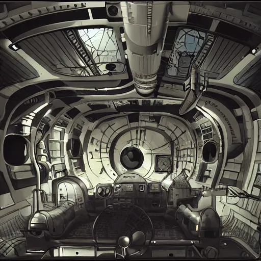 Prompt: dieselpunk space station interior