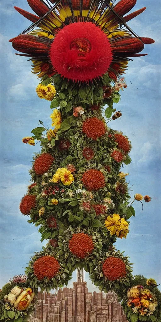 Image similar to colossal Beelzebub flower in the middle of post soviet constructivist cityscape, Stalinist architecture, brutalist architecture, ultradetailed, Intricate by Giuseppe Arcimboldo and MC Esher and Wes Anderson and H.R. Giger