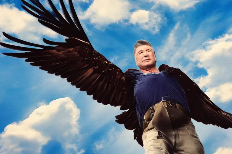 Prompt: giant eagle, alec baldwin flying, blue sky, photo