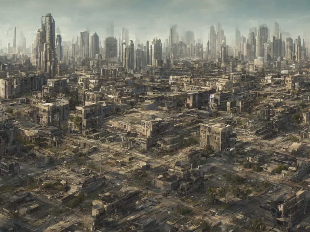 Image similar to A matte painting of a realistic abandoned urban city,featured on ArtStation, realistic colors,Super wide angle,viewed from very far away,Daytime,Flat roads,Geometrically realistic