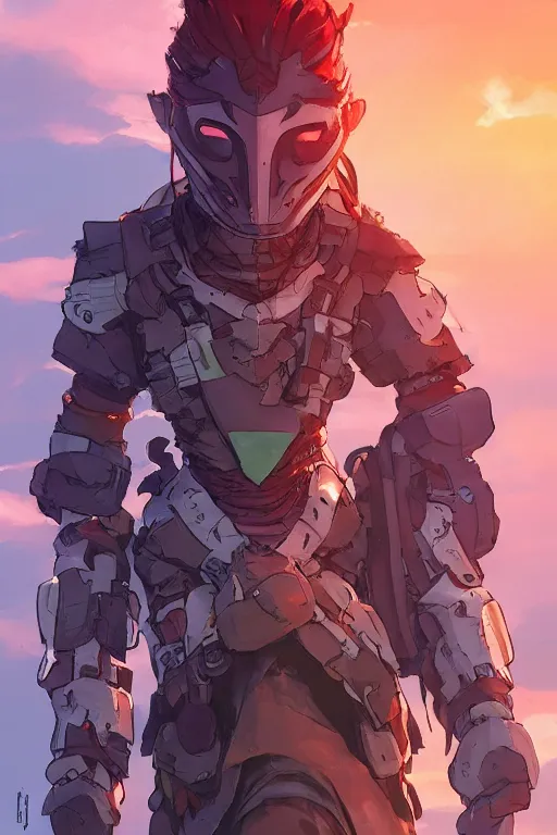 Image similar to combination suit armor aloy horizon forbidden west horizon zero dawn robot ninja mask helmet backpack tribal, art gta 5 comics, official fanart behance hd artstation by jesper ejsing, by rhads, makoto shinkai and lois van baarle, ilya kuvshinov, ossdraws radiating a glowing aura cgi rtx 2 0 2 2