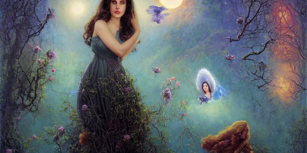 Image similar to big-eyed Lana Del Rey staring into the camera, sundown misty firefly wisps, Lilia Alvarado, Sophie Anderson, Mark Arian, Bob Byerley, Charlie Bowater, Mark Brooks, Steve Henderson, Justin Gerard, Arthur Hughes, Edward Robert Hughes, Mark Keathley, Victor Nizovtsev, Carlos Shwabe, Ross Tran, WLOP