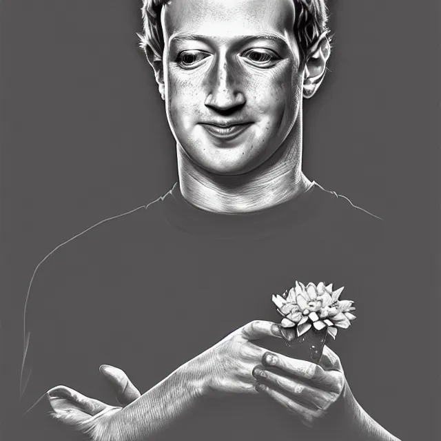 Image similar to mark zuckerberg holding a flower by hr giger, trending on artstation, realistic, detailed, concept art, horror, illustration