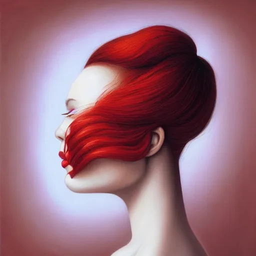 Prompt: a painting of a woman with red hair, an ultrafine detailed painting by rafal olbinski, behance contest winner, pop surrealism, detailed painting, very detailed, minimalist, skeuomorphic, airbrush art