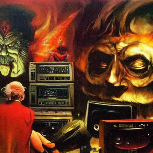 Image similar to wizard surrounded by crt televisions, oil on canvas, frank frazetta, john williams