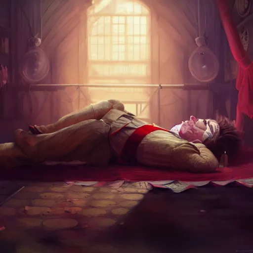 Prompt: an award winning commission of a doctor sleeping in a circus,digital art,detailed face,hyperdetailed,character design by charles bowater,greg rutkowski,artstation,deviantart,photorealistic