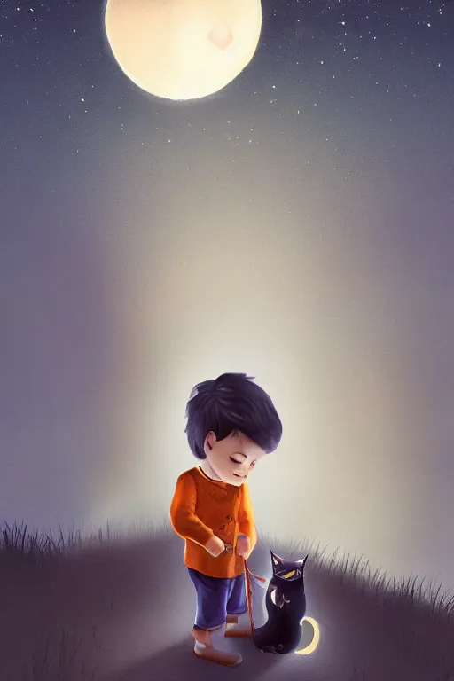 Prompt: a little boy carrying and his cat sit together at night, lantern light besides, photorealistic face and skin tones, dreamy moonlit nightscape by the garden, lake house, smooth, matte colors, trending on artstation, 4 k, 8 k