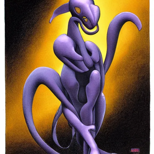 Image similar to a portrait of mewtwo, in the style of wayne barlowe