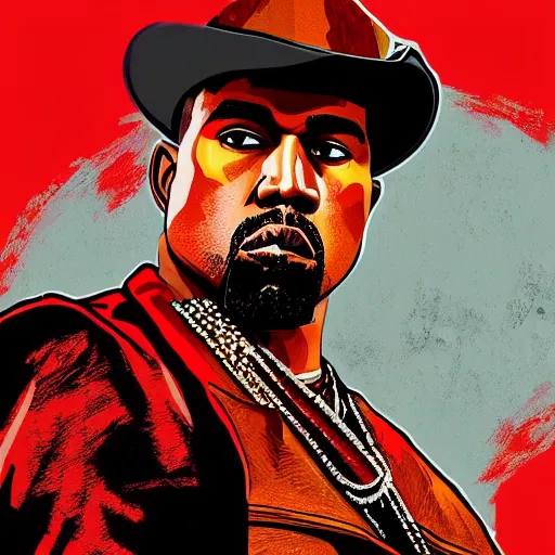 Image similar to kanye west in illustration red dead redemption 2 artwork of kanye west, in the style of red dead redemption 2 loading screen, by stephen bliss