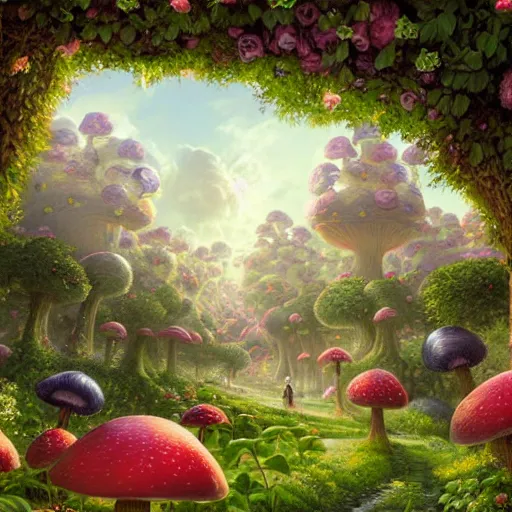 Image similar to A beautiful hyper detailed matte painting of a portrait of princess peach, running through a hedge garden of exotic flowers in the Mushroom Kingdom, giant mushrooms, and roses, from behind, streets, birds in the sky, sunlight and rays of light shining through trees, art by Ted Nasmith and Peter Mohrbacher, 4k unreal engine