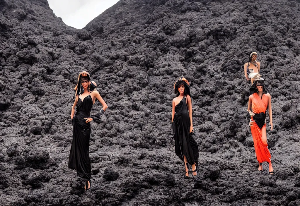 Prompt: fashion editorial in volcano eruption lava. wide angle shot. highly detailed.