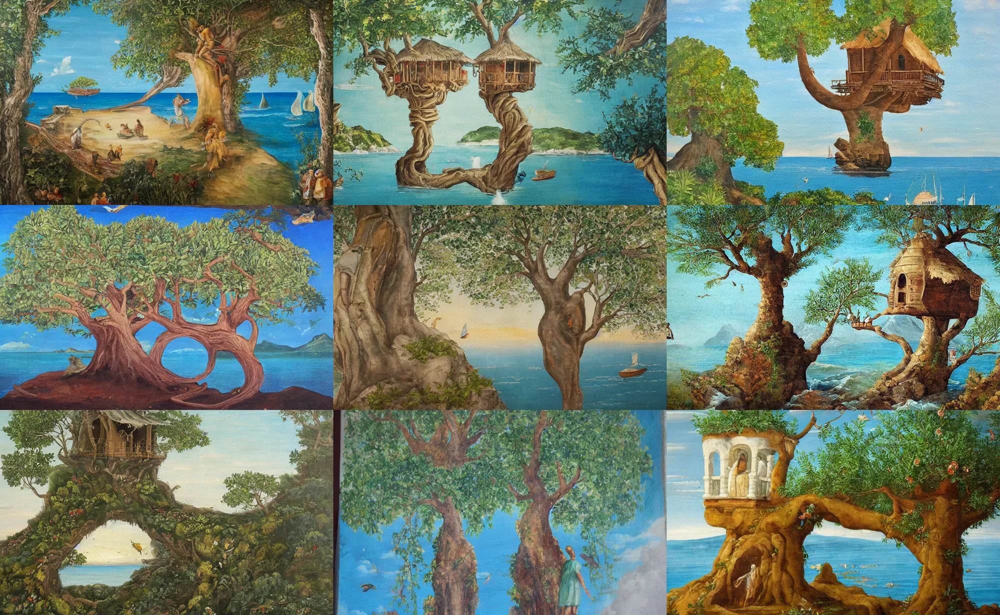 Prompt: fresco secco painting of a mystical island treehouse on the ocean