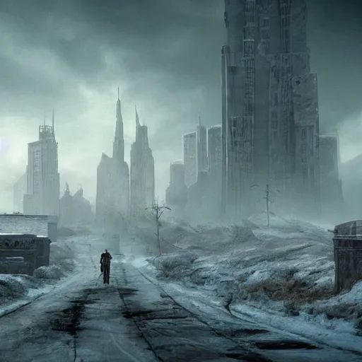 Image similar to a huge city walking on 8 spider legs through a post apocalyptic tundra, fantasy, cinematic