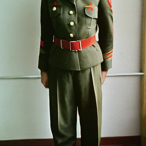 Prompt: Tracey Thorn as a North Korean officer, full body shot, 35mm film