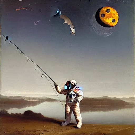 Image similar to astronaut in a spacesuit fishing and catching fish with a fishing rod from the crescent of the moon, realism, landscape