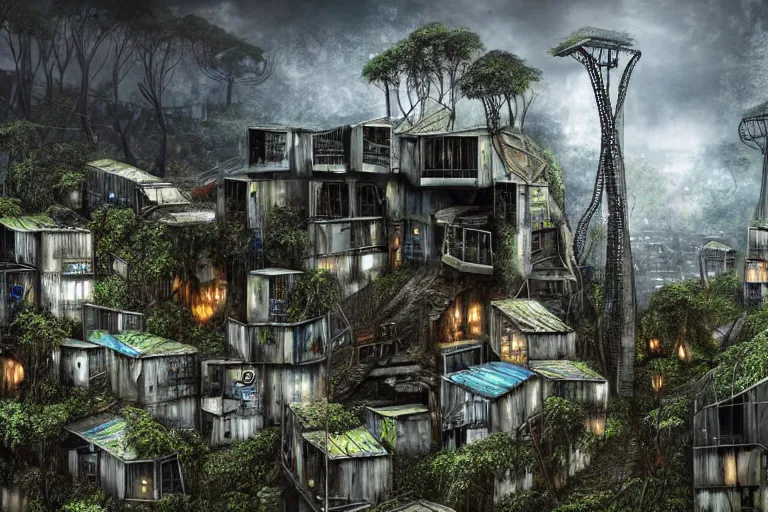 Image similar to favela winding cybernetic hive, wooded environment, industrial factory, haunting, award winning art, epic dreamlike fantasy landscape, ultra realistic,