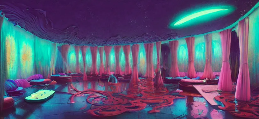 Image similar to beautiful masterpiece painting of a luxurious day spa in a future radioactive glowing swamp, cryogenic day spa treatment, grunge cyberpunk, by Remedios Varo and Anato Finnstark and Greg Rutkowski, dayglo pink, dayglo blue, by Craig Mullins, ilya kuvshinov, krenz cushart, artgerm, 8k, trending on ArtStation