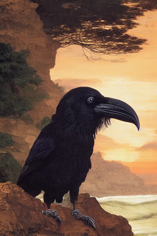 Image similar to a breathtakingly stunningly beautifully highly detailed extreme close up portrait of a raven under a rock arch, epic coves crashing waves plants, beautiful clear harmonious composition, dynamically shot, wonderful strikingly beautiful serene sunset, detailed organic textures, by frederic leighton and rosetti and turner and eugene von guerard, 4 k