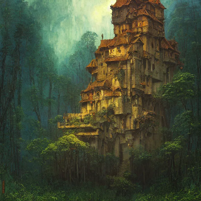 Image similar to a detailed painting inspired by moebius and beksinski of a medieval building with two floors in the forest. fantasy poster. cinematic fantasy scene. aurora lighting. fantasy. carl spitzweg. baroque elements. baroque element. intricate artwork by caravaggio. oil painting. award winning. dramatic. trending on artstation. 8 k