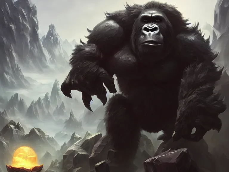 Image similar to portrait of goth gorilla, full body shot, rule of thirds, low angle, action pose, fantastic background landscape, fantasy, sci - fi, league of legends hearthstone splash art, art by chengwei pan and huang guangjian and viktoria gavrilenko and artgerm and greg rutkowski, 8 k, octane, trending on artstation