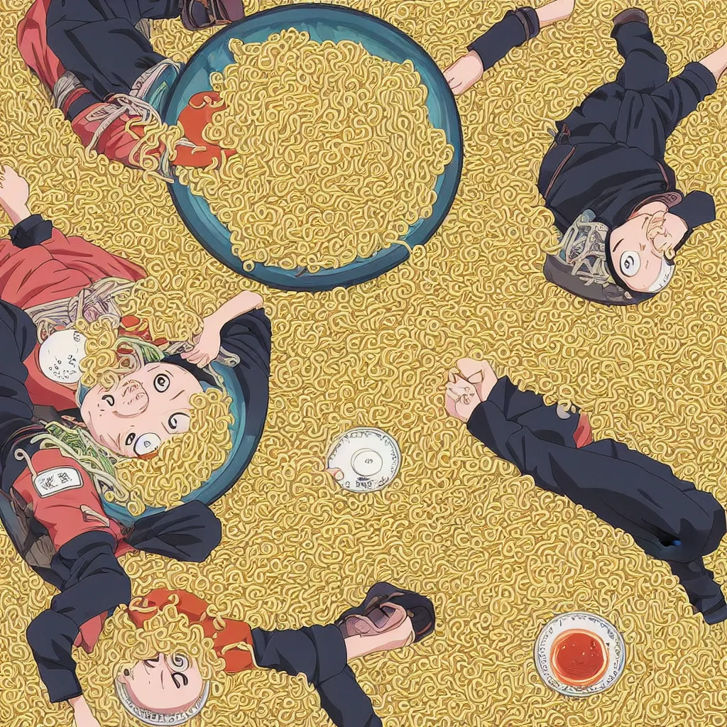 Image similar to a color manga illustration of naruto laying in a pile of ramen noodles and bowls, holding a large bowl of ramen and slurping up noodles. the view is top down. his mood is one of delicious bliss and the sense of the image is abundance. the image is illustrated in high colorful detail by masashi kishimoto and is very very very detailed.