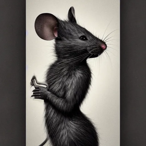 Prompt: a photograpic portrait of a anthropomorphic mouse wearing black clothes, black hair, grey skin, grey mouse ears, fantasy, intricate, elegant, highly detailed, digital painting, artstation, smooth, sharp focus, illustration, art by artgerm and H R Giger and alphonse mucha