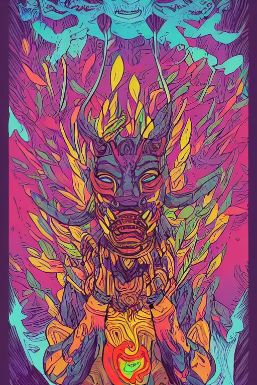 Image similar to animal mask totem roots flower tribal feather gemstone plant wood rock shaman vodoo video game vector cutout illustration vivid multicolor borderlands comics by josan gonzales and dan mumford radiating a glowing aura