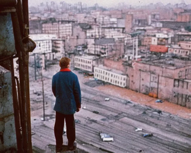 Prompt: lomo photo of man standing on the roof of soviet hrushevka in small town zelenograd, cinestill, bokeh, out of focus