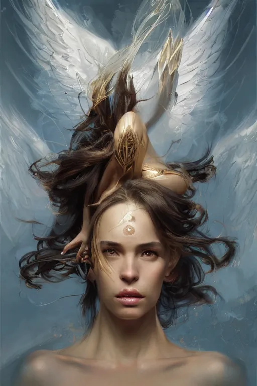 Image similar to >> dynamic professional painting of a beautiful godness archangel action pose , avant garde style olive skin, long hair, symmetrical facial features, intricate, elegant, digital painting, concept art, smooth, sharp focus, illustration, by Ruan Jia and Mandy Jurgens and Artgerm and William-Adolphe Bouguerea