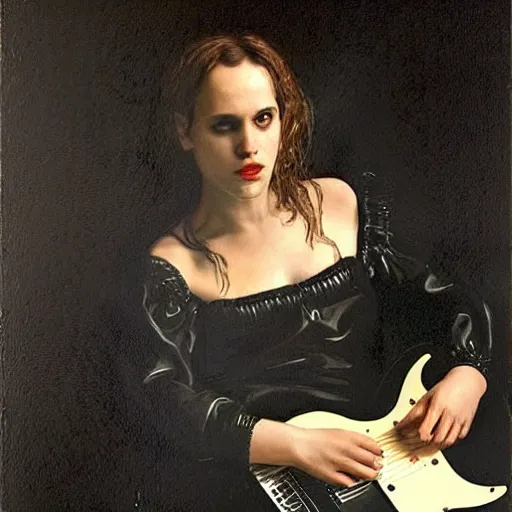 Prompt: Anna Calvi playing electric guitar by Caravaggio and Gottfried Helnwein, masterpiece