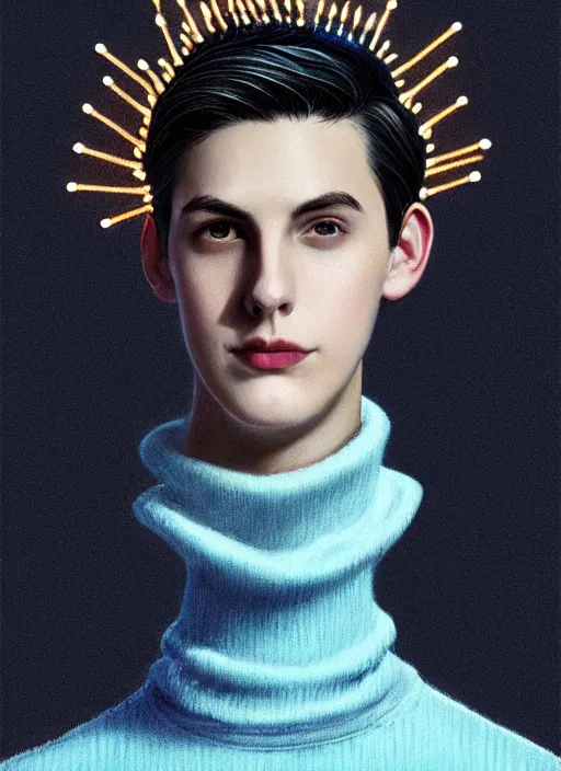 Image similar to portrait of teenage jughead jones wearing a light grey crown, crown, blue turtleneck, 1 9 5 0 s, closed eyes, photorealistic, black hair, glowing lighting, intricate, elegant, glowing lights, highly detailed, digital painting, artstation, concept art, smooth, sharp focus, illustration, art by wlop, mars ravelo and greg rutkowski