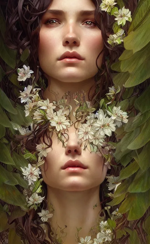 Image similar to portrait of a goddess of nature!, half body, perfect face!!, d & d, fantasy, intricate, elegant, highly detailed, digital painting, artstation, concept art, smooth, sharp focus, illustration, art by artgerm and greg rutkowski and alphonse mucha