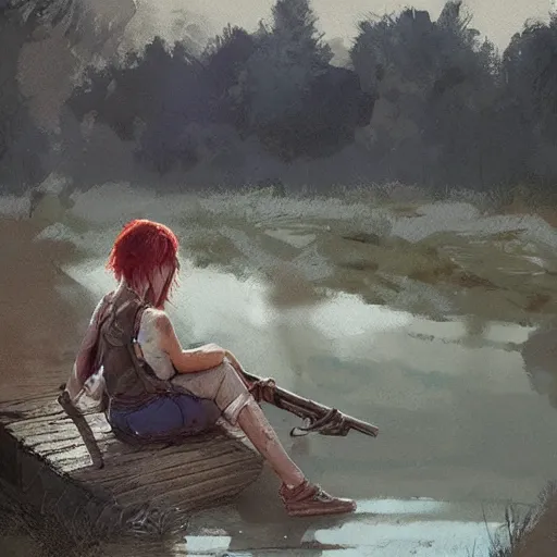 Prompt: clementine from walking dead sitting by a river with jj by greg rutkowski