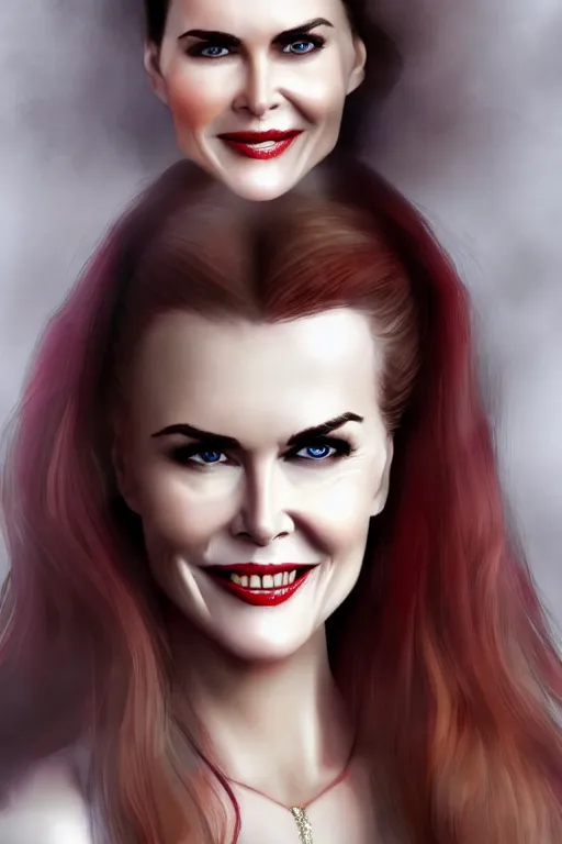 Image similar to mix of beautiful young maria shriver, mariel hemmingway, brooke shields, nicole kidman and elle macpherson as a vampire showing vampire teeth, ready to bite, thin lips, hair tied up in a pony tail, dark blonde hair, colorful, artstation, cgsociety