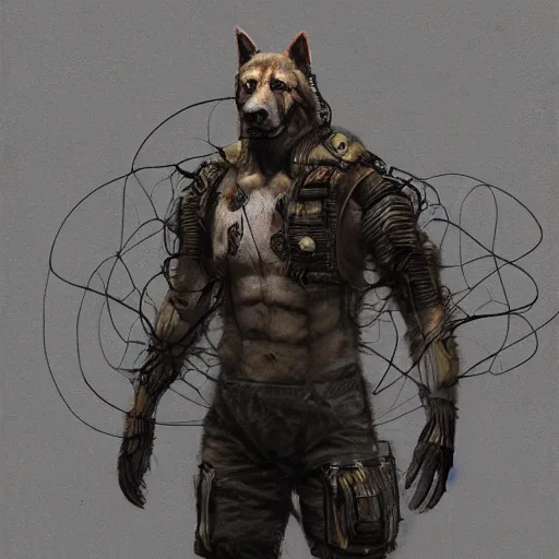 Image similar to a wounded humanoid german shepherd beast - man in military style, his hands are covered with wires, sitting on the bed, highly detailed portrait, digital painting, artstation, concept art, smooth, sharp foccus ilustration, artstation