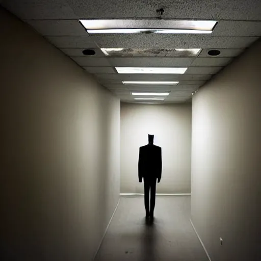 Prompt: a creepy office hallway. a figure at the end of a hallway. craiglist photo.