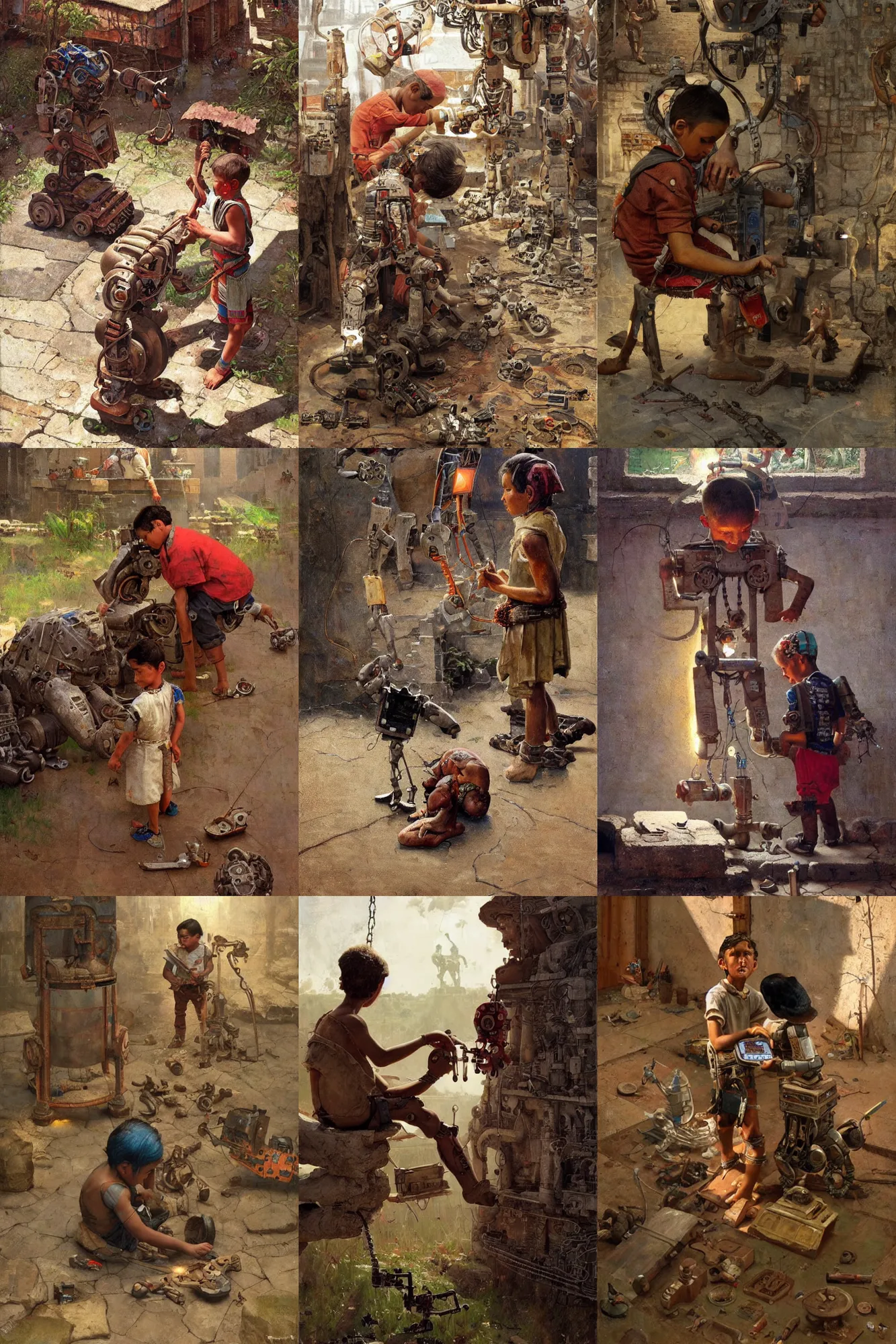 Prompt: an ancient Aztec boy fixing his robot, part by Norman Rockwell, part by Greg Rutkowski , part by Mattias Adolfsson, volumetric lighting!!, oil on canvas