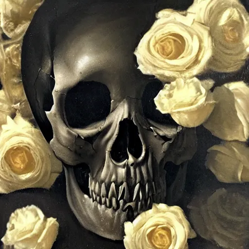 Image similar to a detailed gritty looking baroque still life oil painting of a human skull with white roses coming out of the eye sockets and and shining white diamonds sitting inside the roses, dark black rippling lace curtains behind