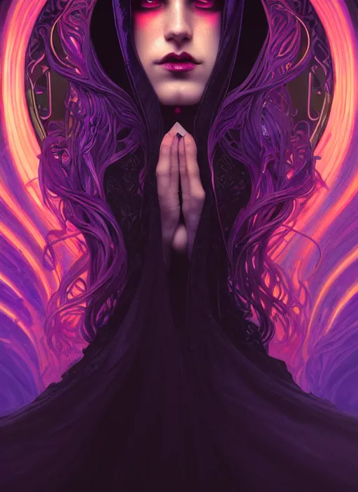 Prompt: e - book cover, side portrait, dark witch with black hood and evil eyes, realism, soft, smooth, luminescent, art nouveau tarot, backlit glow, colorful swirly ripples, gaudy colors, aesthetic octane render, unreal engine, 8 k, by artgerm, greg rutkowski, alphonse mucha