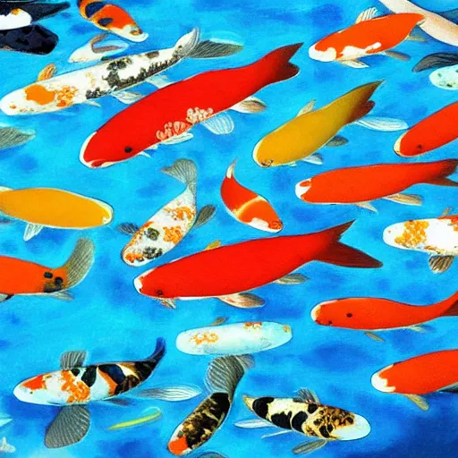 Prompt: dozens of the koi fish swimming in the huge pool of cosmos by the Ori Toor