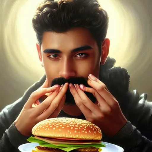 Prompt: portrait of Mohammed eating big mac hamburgers, extra onions and ketchup, luscious patty with sesame seeds, ethereal, handsome, D&D, fantasy, intricate, elegant, highly detailed, digital painting, artstation, concept art, matte, sharp focus, illustration, art by Artgerm and Greg Rutkowski and Alphonse Mucha