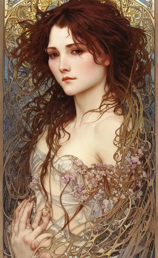 Prompt: hyper-realistic detailed face portrait of Mature woman by Alphonse Mucha, Ayami Kojima, Amano, Charlie Bowater, Karol Bak, Greg Hildebrandt, Jean Delville, and Mark Brooks, Art Nouveau, Neo-Gothic, gothic, rich deep moody colors