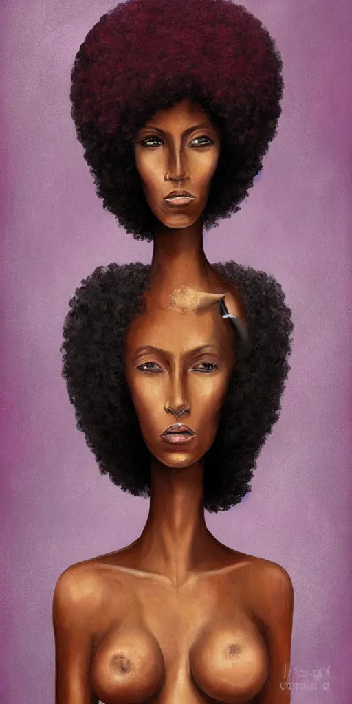 Image similar to A beautiful tall black woman with dark skin and a pink afro, looking at you from across the bar, holding a lit cigarette, digital art, oil painting, clean lines, drawn by H.R Giger