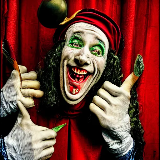 Image similar to medieval jester laughing, sinister, photograph, portrait,