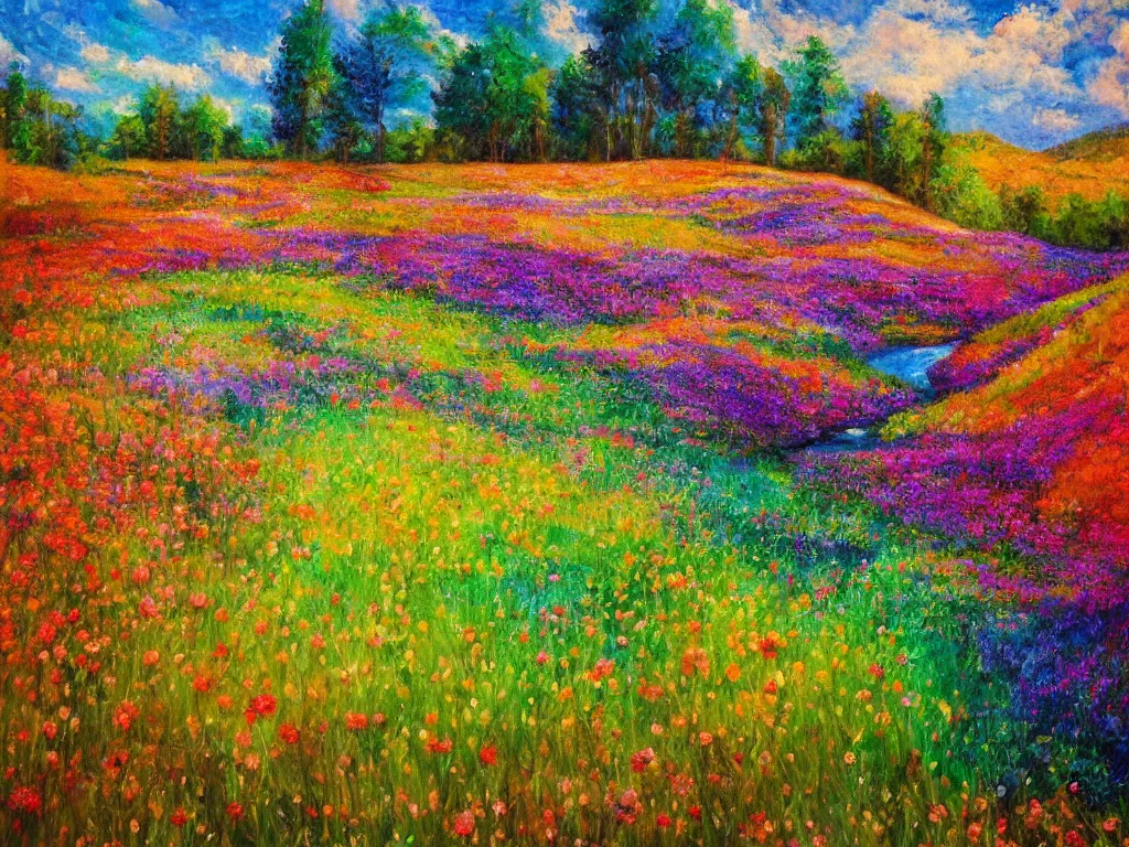 Image similar to an impressionist painting of a gorgeous meadow filled with colorful mushrooms with a stream flowing through it, psychedelic colors, colorful sky in background, high detail, trending on artstation